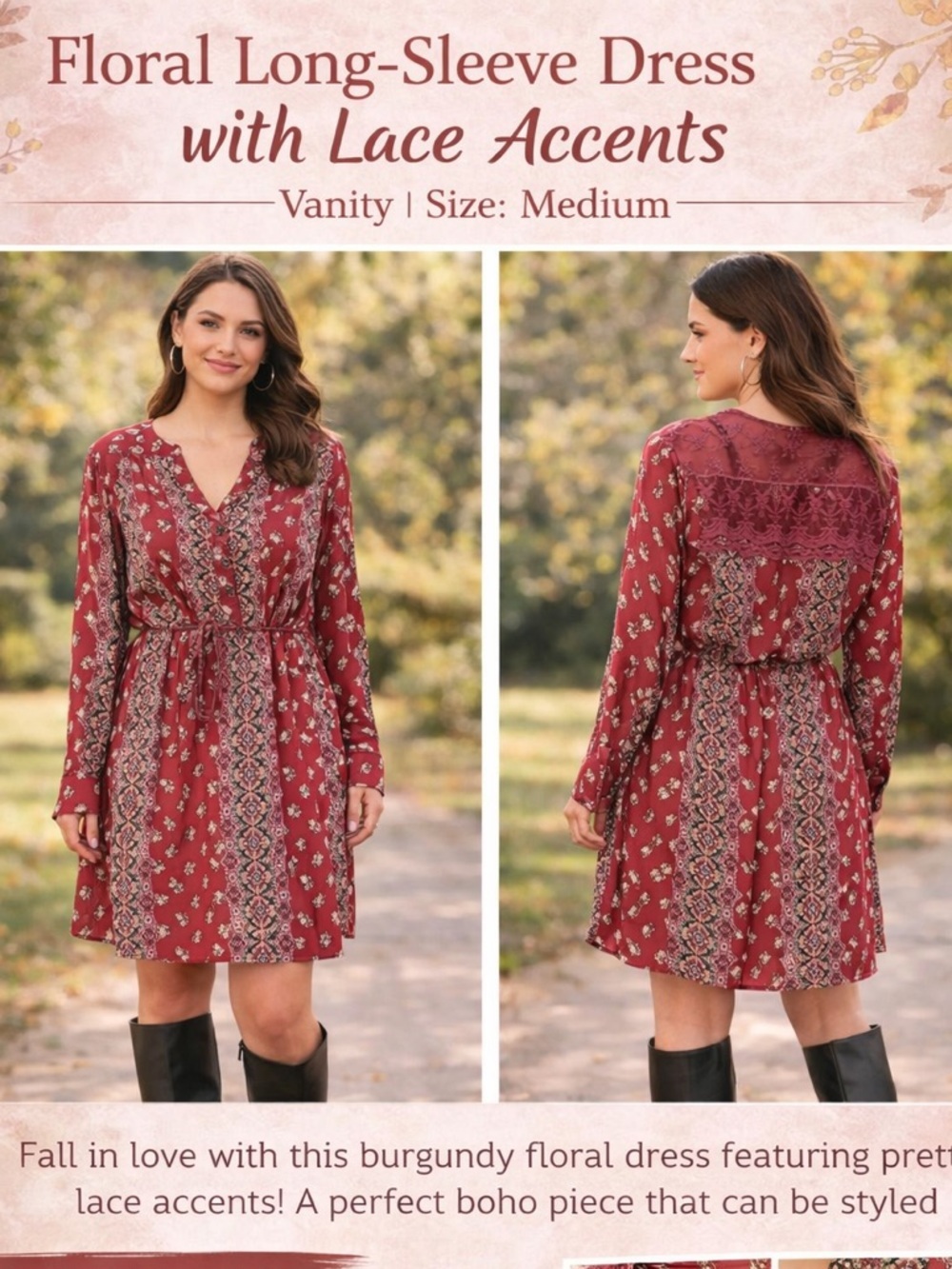 Vanity Floral Long Sleeve Dress w lace accents MEDIUM 38in long pit to pit 15in